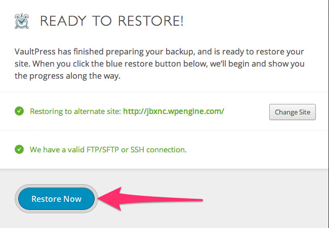 migrate to wp engine - click restore now to start migrating your site