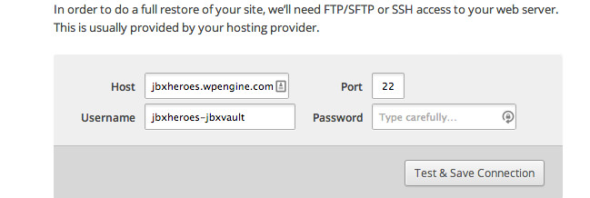 migrate to wp engine - enter your sftp information into vaultpress. make sure the port is set to 22.